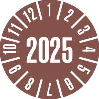 Prüfplakette 2025, braun, Dokumentenfolie, selbstklebend, Ø 25mm, 21/Bogen