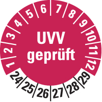 Prüfplakette UVV geprüft 24-29,rot,Dokumentenfolie,selbstkl.,Ø30mm,18/Bogen