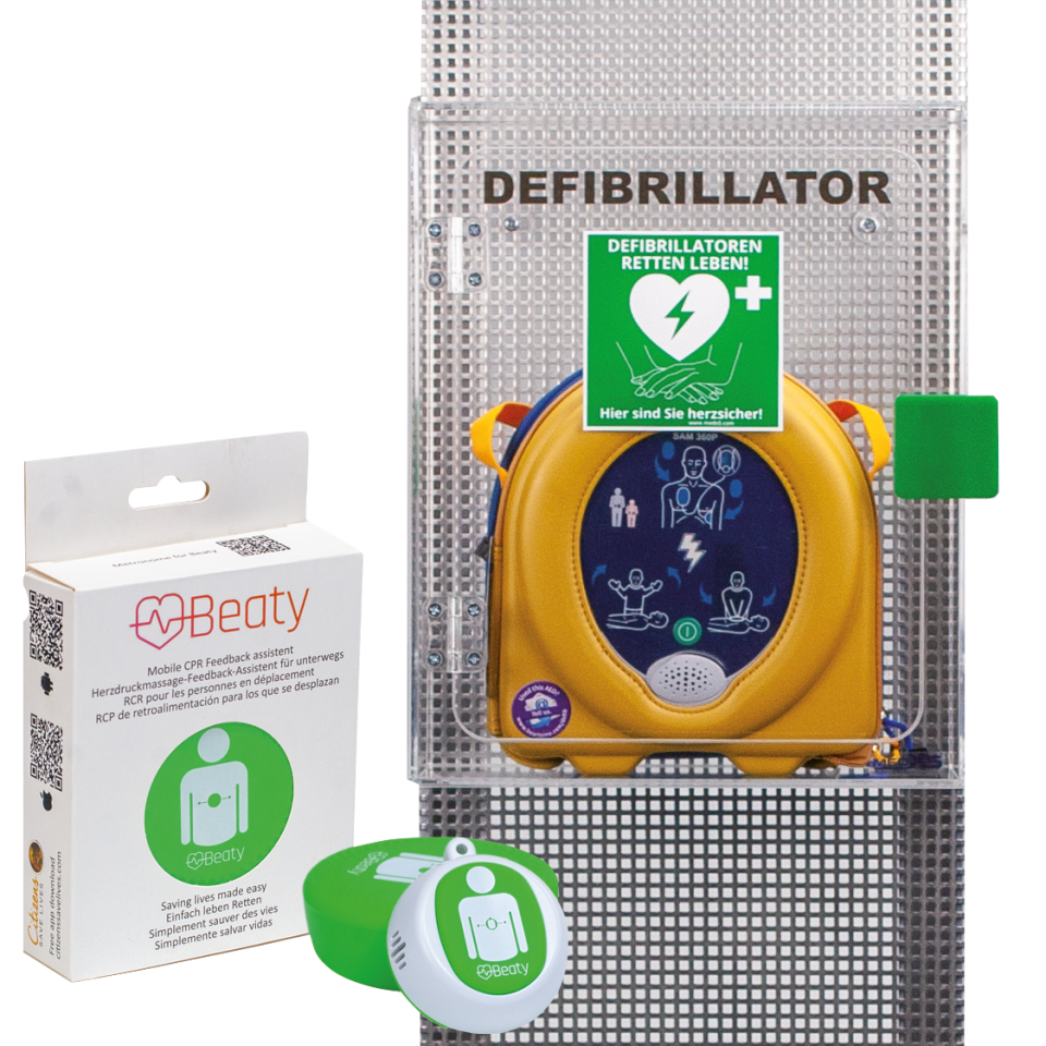 Defibrillator HeartSine SAM PAD360P,innen,Acrylglaskasten,BEATY